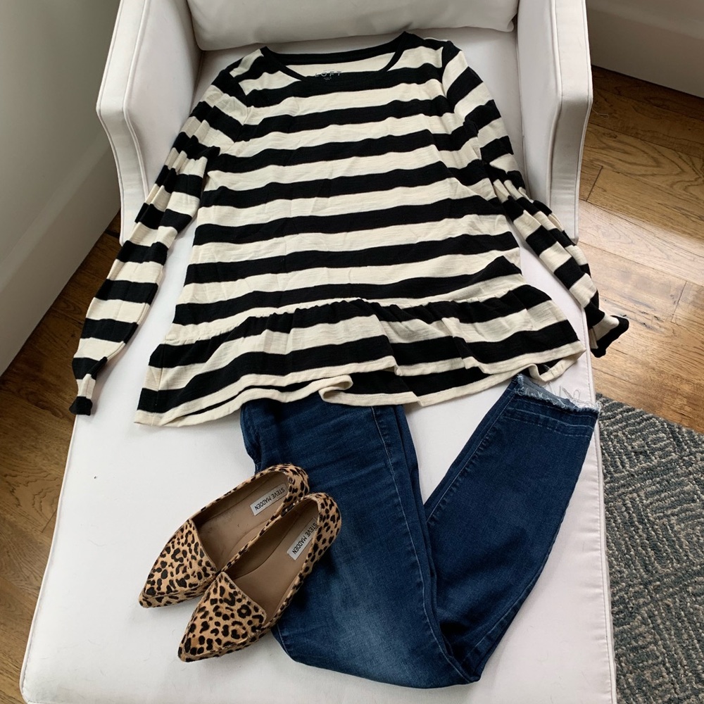 Loft Black and Cream Striped Peplum Top, Large